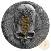 Republic of Cameroon CARVED SKULL of CLADE MORTIS series CARVED SKULLS & BONES Silver coin 1000 Francs 2018 Antique finish Ultra High Relief Gold plated 1 oz